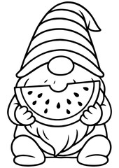 Black and white vector of a summer gnome holding a watermelon slice, perfect for engraving, prints, and creative projects