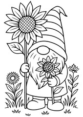 Black and white vector of a summer gnome holding sunflowers, perfect for engraving, prints, and creative projects