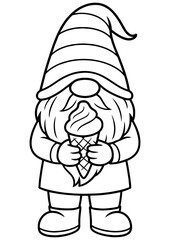 Black and white vector of a cute summer gnome holding an ice cream cone, perfect for engraving, prints, and crafts