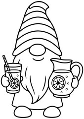 Black and white vector of a summer gnome holding a lemonade glass and pitcher, perfect for engraving and summer crafts