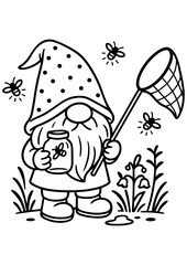 Black and white vector of a summer gnome catching fireflies in a jar, perfect for engraving, prints, and creative crafts