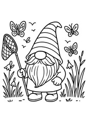 Black and white vector of a summer gnome catching butterflies with a net, perfect for engraving, prints, and creative projects