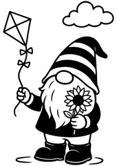 Black and white vector of a summer gnome holding a kite and sunflower, perfect for engraving, prints, and cheerful designs
