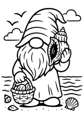 Black and white vector of a summer gnome on the beach listening to a seashell, perfect for engraving, prints, and summer decor