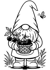 Black and white vector of a summer gnome holding a basket full of cherries, perfect for engraving, prints, and creative projects