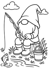 Black and white vector of a summer gnome fishing with a rod by the lake, perfect for engraving, prints, and creative projects