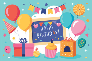 Modern abstract birthday poster template, creative shapes and typography layout for trendy invitation and social media promotion