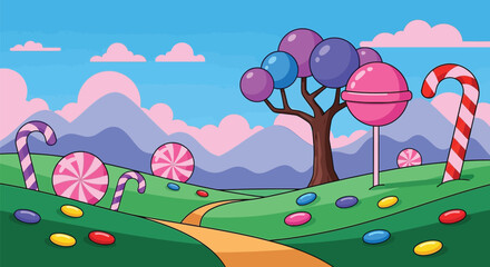 Illustration candy land landscape cartoon sweets background art vector
