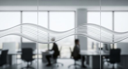 Abstract wave of financial data charts and graphs superimposed over a blurred modern office interior with people working
