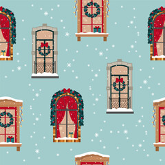 Christmas windows seamless pattern. Decorated windows with garlands, Christmas wreaths, toys, gifts. Holiday background for wrapping paper, textile, packating.