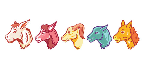 Colorful Sketch Style Farm Animal Head Vector Set