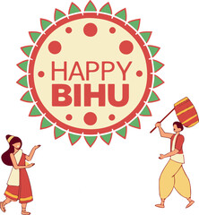 Happy Bihu festival greeting card with Assamese folk instruments, elegant typography, and cultural decoration symbolizing joy and prosperity of Assam