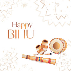 Happy Bihu festival illustration showing Assamese men playing traditional drum and pepa with floral motifs, celebrating the vibrant harvest festival of Assam.