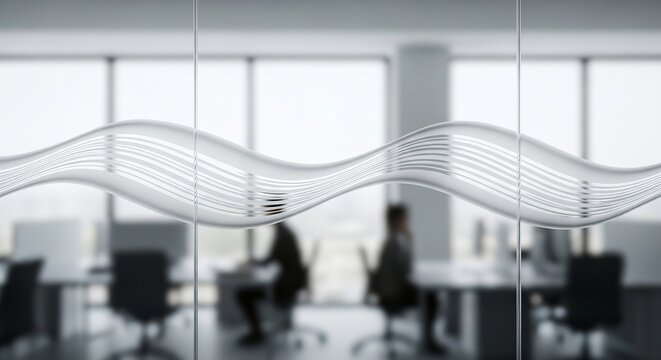 Abstract wave of financial data charts and graphs superimposed over a blurred modern office interior with people working
