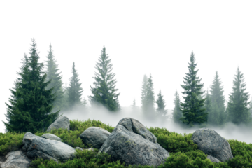 Mountain Landscape with Rocks and Misty Forest Clearing Transparent Background