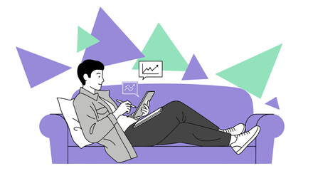 Fototapeta premium A man relaxing on a couch, analyzing data and charts using a tablet and pen