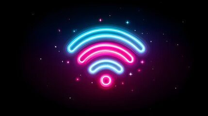 Glowing neon radio wave symbol shines with vibrant cyan and magenta light against a dark background