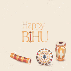 Colorful Bihu festival background design with Assamese dancers, dhol, pepa, ethnic patterns, and festive New Year cultural scene for celebration theme