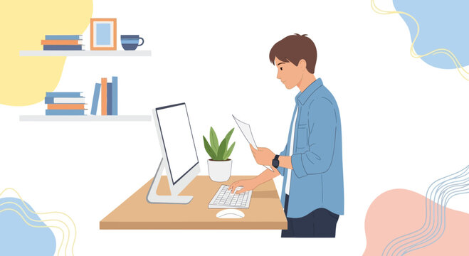 A Young Man Working from Home with Computer and Document, Vector Illustration