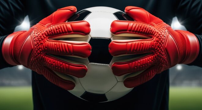 Goalkeeper in red gloves holding a soccer ball. Close-up of a professional player's hands during a football match. Sports defense and competition concept