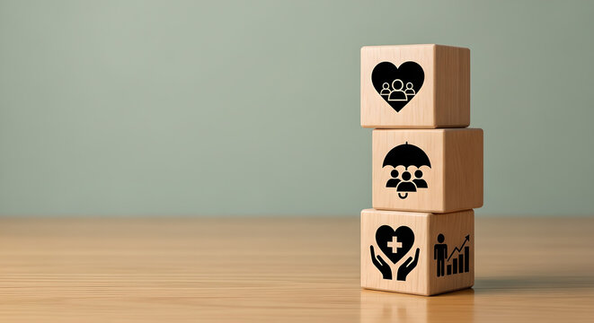 Insurance Health Life Protection Icons Wooden Blocks Copy Space Vertical