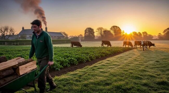 Um homem carregando um carrinho de m&atilde;o com lenha na fazenda com vista para os animais pastando.