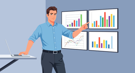 Business professional presenting financial data analysis with graphs and charts on a wall