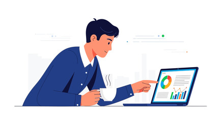 Businessman analyzing data on laptop while drinking coffee or tea, business concept
