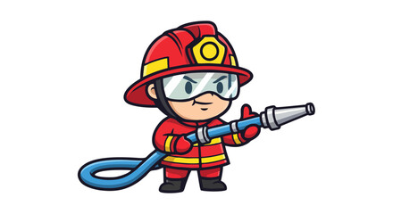 Obraz premium Cute Cartoon Firefighter Holding Water Hose Ready to Fight Fire.
