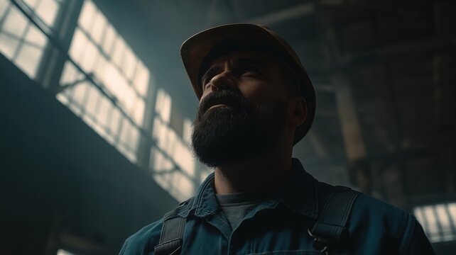 A worker man with a short dark beard wearing a construction helmet and blue overalls stands in an industrial workshop