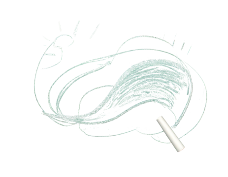 A piece of chalk traces a wispy, light-green path with sun-like elements - Powered by Adobe