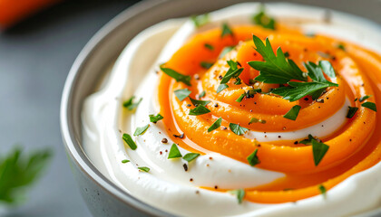 Creamy yogurt swirled with carrot topping, garnished with finely chopped herbs. Tasty food.