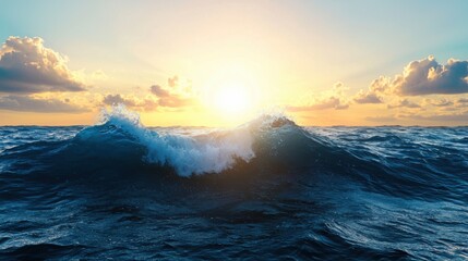 Majestic Ocean Waves Under Vibrant Sunrise with Dramatic Clouds