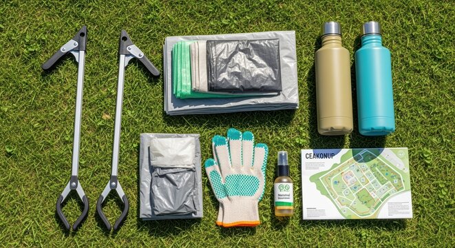 organized cleanup tools neatly arranged on green grass ready for outdoor activity