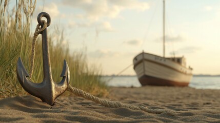 Vintage Anchor on Sandy Beach with Boat in Background at Sunset