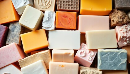 Collection of diverse soap bars, various shapes, colors, and textures, showcasing lather,  citrus,  lather