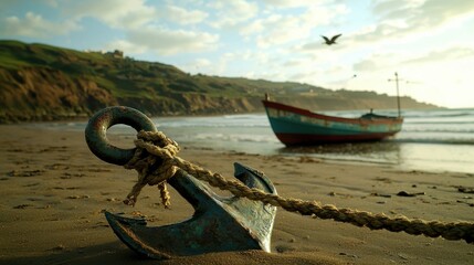 Rusty Anchor on Sandy Beach with Boat in Background and Sky