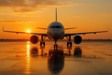 Commercial jetliner on wet tarmac reflecting golden sunset sky and ocean horizon
