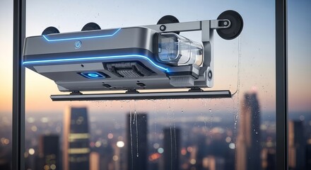 Futuristic robotic window cleaner with blue lights attached to a tall skyscraper window