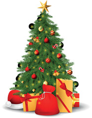 Festive fir tree with colorful decorations, gift presents, and a Santa hat, perfect holiday Christmas vector illustration for winter celebration designs.