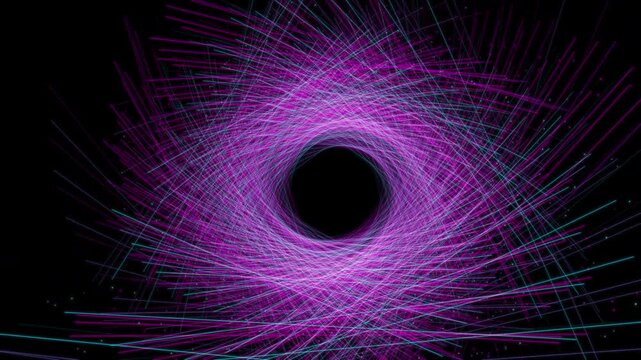 A vibrant geometric light vortex made of intersecting neon lines in magenta, cyan, and violet, converging around a central black void. 