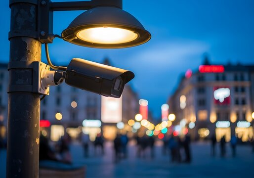 Urban evening scene with security camera and street lights in a vibrant city square - Powered by Adobe