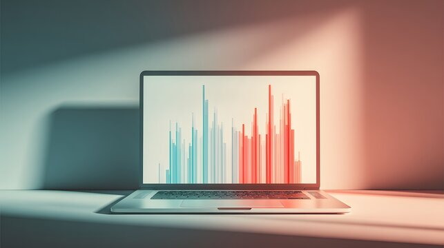 Modern portable computer displays contrasting vertical bar graphs illuminated by dramatic side lighting