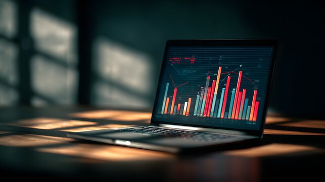 Modern portable computer displays complex financial performance data with strong shadow contrasts - Powered by Adobe