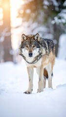 Obraz premium Majestic gray wolf standing in a snowy winter forest at sunrise.