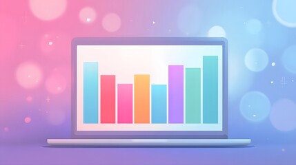 Modern portable computer displays a colorful bar chart against a vibrant bokeh background