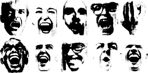 Faces with various emotions create a striking visual. This vector illustration features a set of expressive black and white art showcasing reactions.