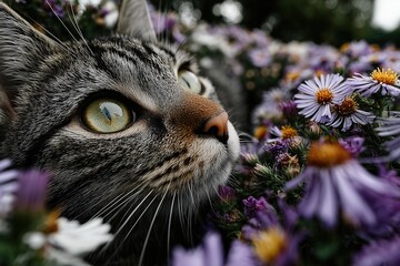 Gray tabby cat lying among vibrant purple flowers in a garden setting during daytime