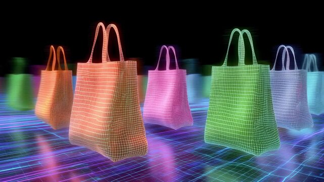 A collection of neon shopping bags appears in a vibrant virtual space with colorful lights and grid patterns
