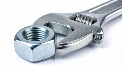 wrench gripping a large silver nut and bolt on a clean white background.
